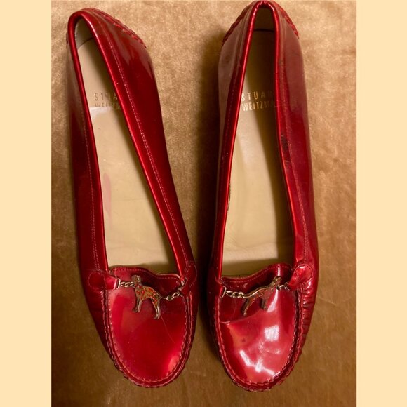 Stuart Weizmann metallic red loafers with brass and red Dalmatians - Picture 1 of 5